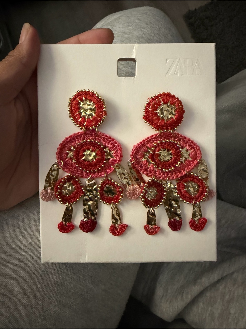 Zara Pink and Red Embroidered Drop Earrings with Gold Accents - Picture 4 of 5